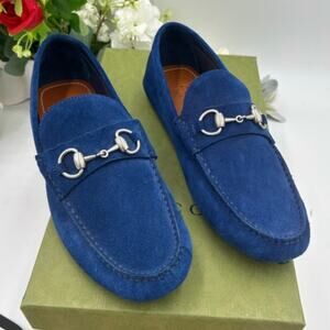 Men's Gucci horse bit blue suede loafers size 7 fits 7.5 US made in Italy